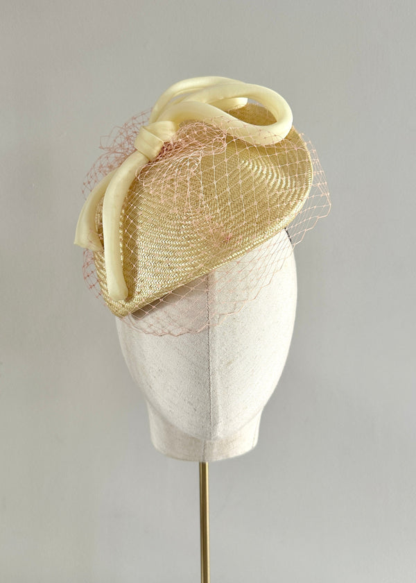 Persephone Hat in Straw with Bow and Veiling in Soft Yellow