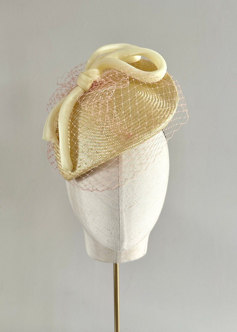 Persephone Hat in Straw with Bow and Veiling in Soft Yellow