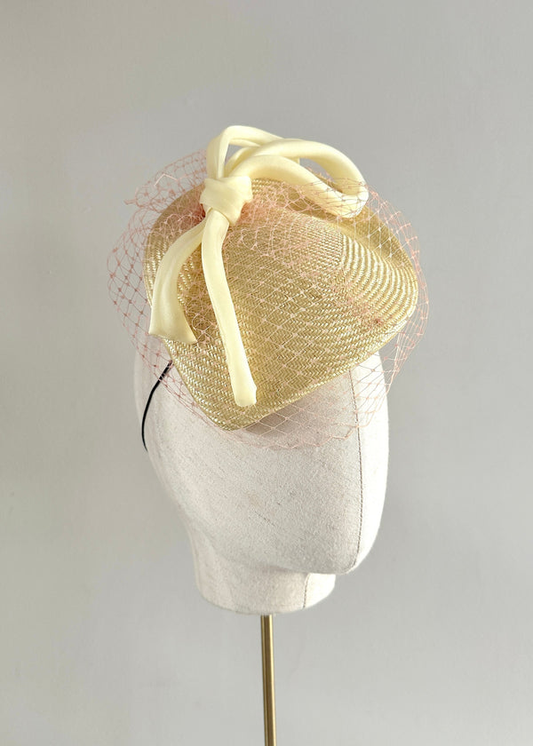 Persephone Hat in Straw with Bow and Veiling in Soft Yellow