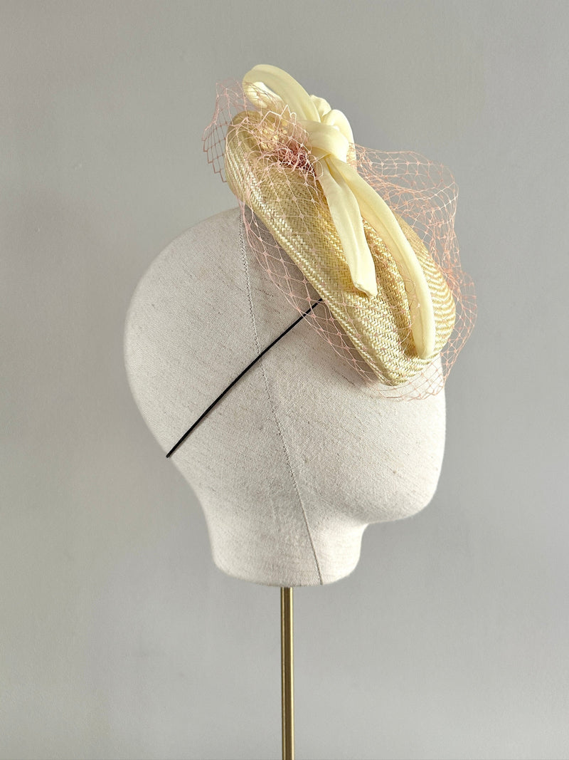 Persephone Hat in Straw with Bow and Veiling in Soft Yellow