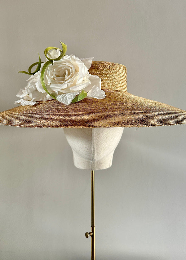Vintage Straw Boater Hat with Roses and Buntal Swirls