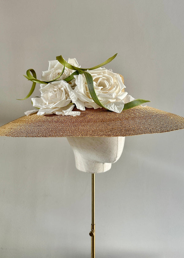 Vintage Straw Boater Hat with Roses and Buntal Swirls
