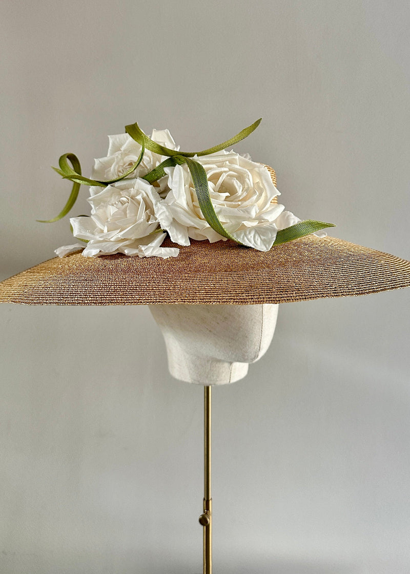 Vintage Straw Boater Hat with Roses and Buntal Swirls