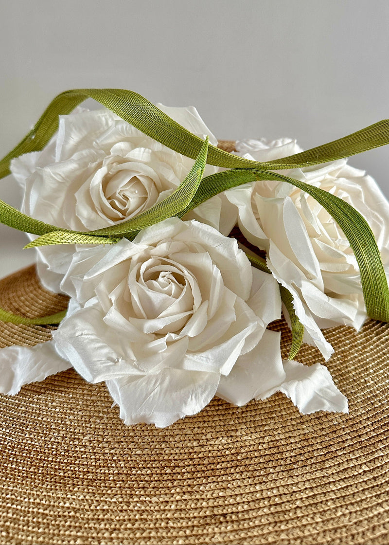 Vintage Straw Boater Hat with Roses and Buntal Swirls
