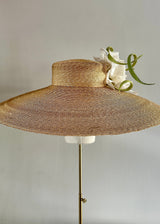 Vintage Straw Boater Hat with Roses and Buntal Swirls