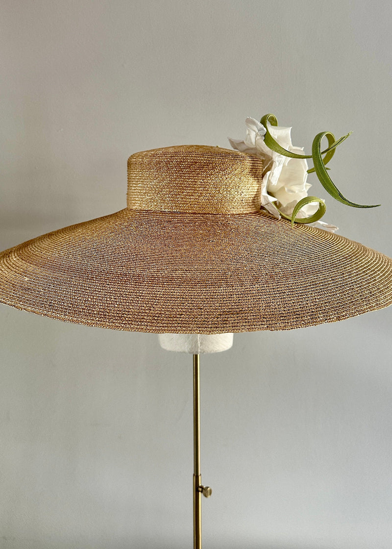 Vintage Straw Boater Hat with Roses and Buntal Swirls