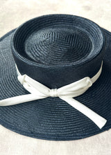 Nixi Boater in Straw with Satin Bow in Navy