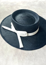 Nixi Boater in Straw with Satin Bow in Navy