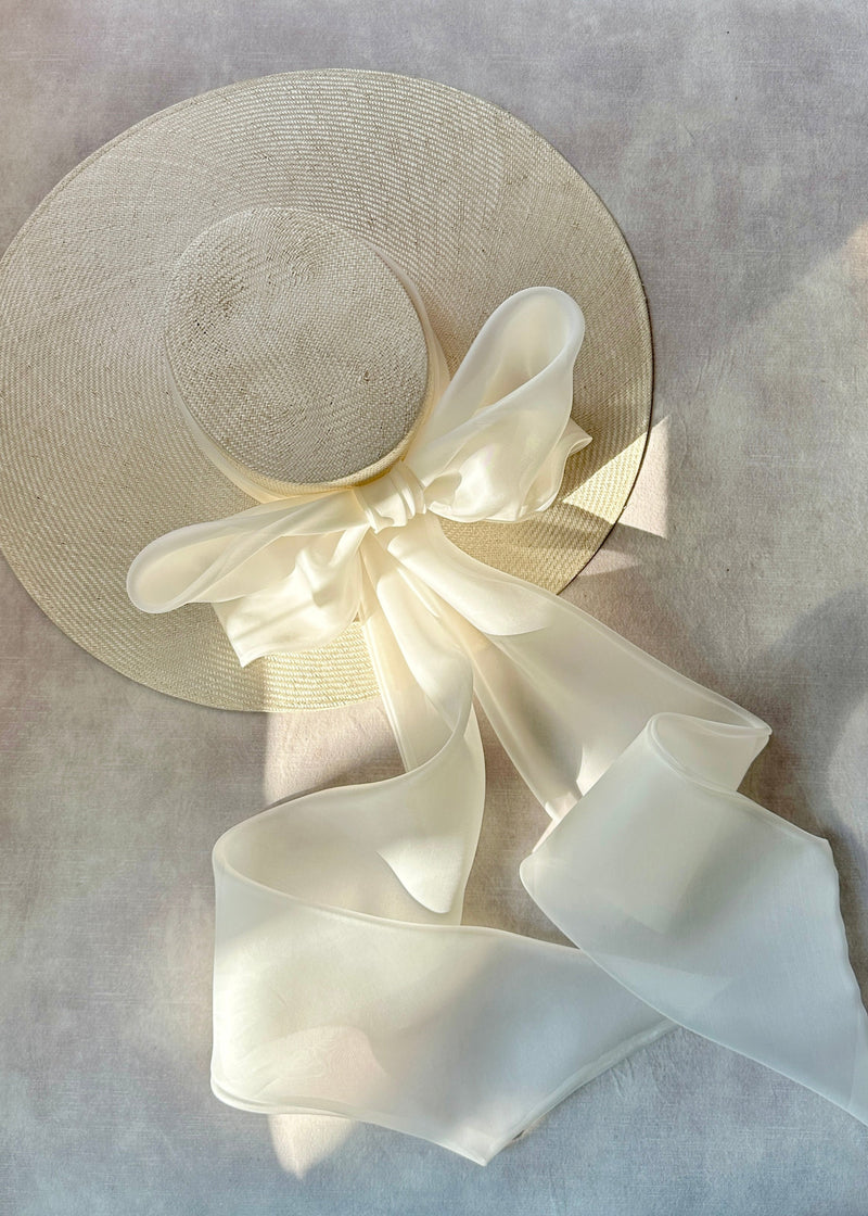 Enid Boater Hat in Straw with Organza Bow in Ivory