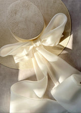Enid Boater Hat in Straw with Organza Bow in Ivory