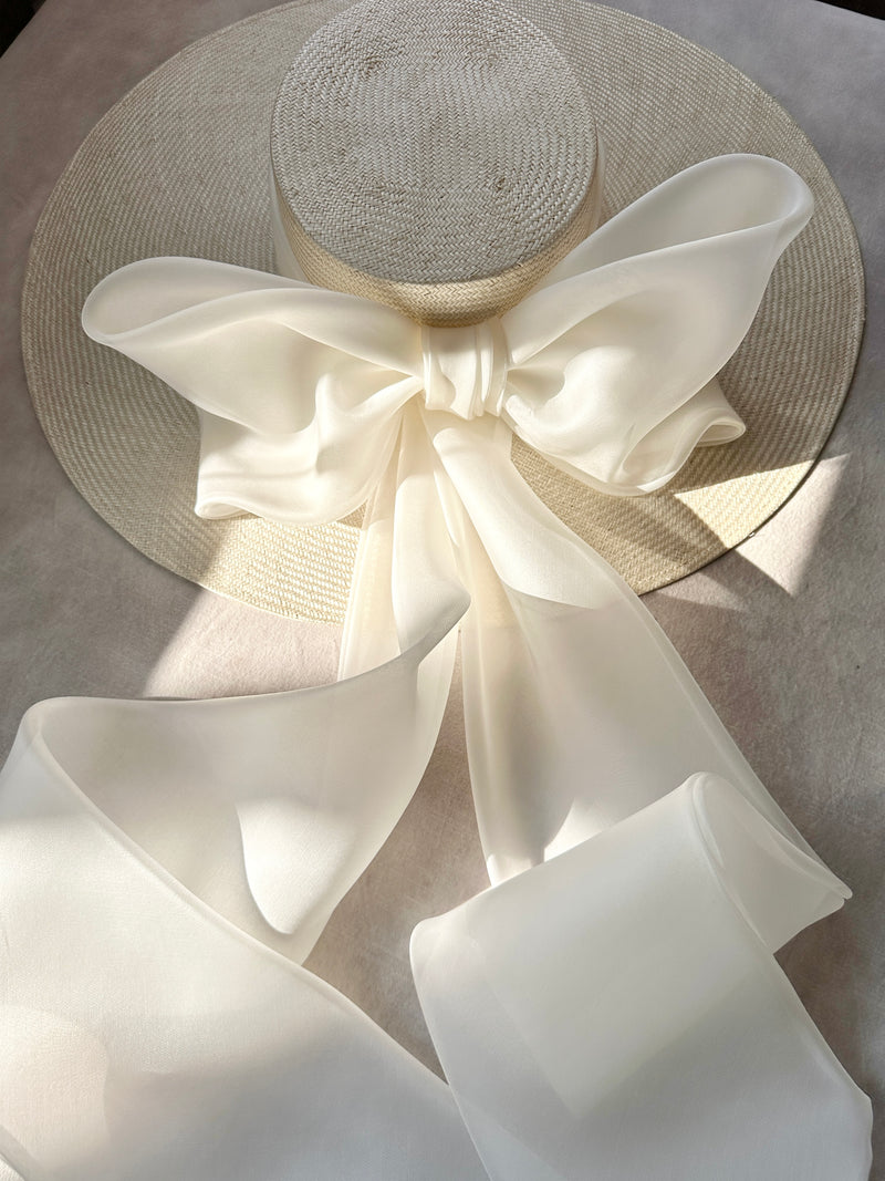 Enid Boater Hat in Straw with Organza Bow in Ivory