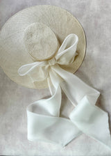 Enid Boater Hat in Straw with Organza Bow in Ivory