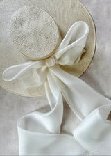 Enid Boater Hat in Straw with Organza Bow in Ivory