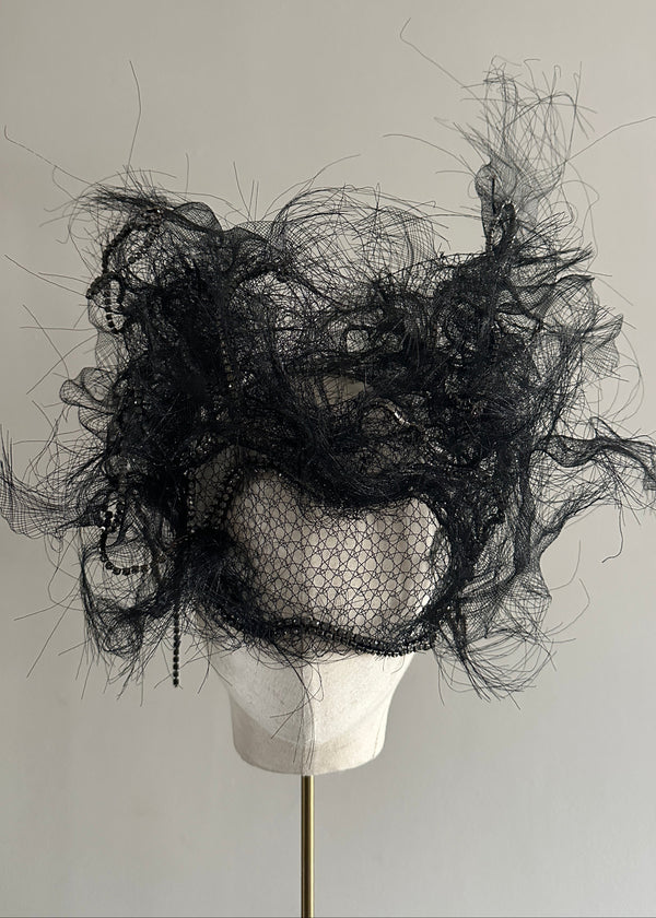 Mask with Vintage Victorian Crin Veil with Crystals in Black