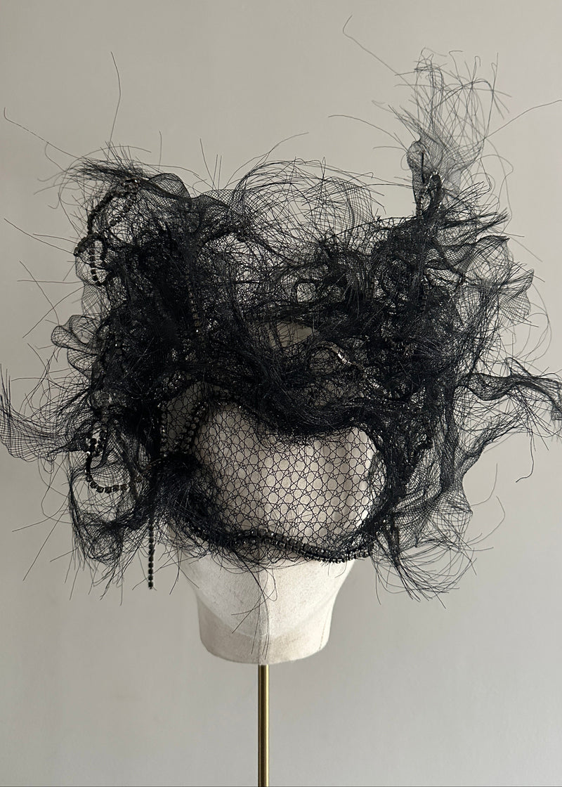 Mask with Vintage Victorian Crin Veil with Crystals in Black