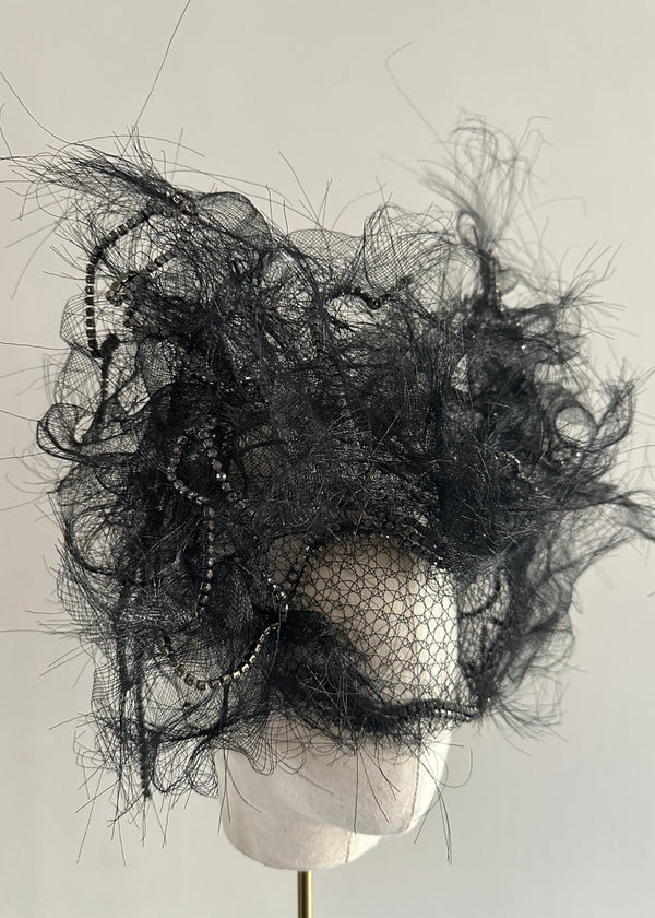 Mask with Vintage Victorian Crin Veil with Crystals in Black