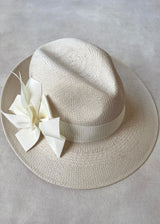 Ishtar Trilby Hat Beige in Panama with Bows in Cream