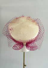 Delia Pillbox in Fine Straw in Natural with Pink Veiling