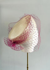 Delia Pillbox in Fine Straw in Natural with Pink Veiling