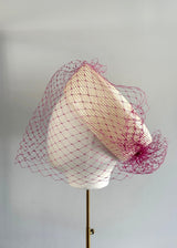 Delia Pillbox in Fine Straw in Natural with Pink Veiling