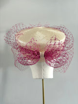 Delia Pillbox in Fine Straw in Natural with Pink Veiling