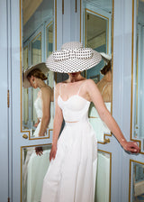 Cynthia Boater Hat in Silk in Polka Dot