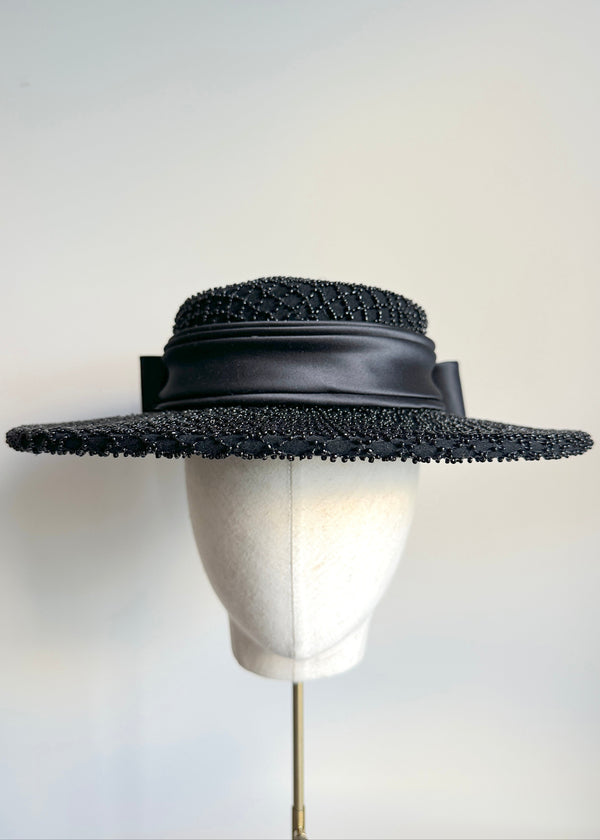 Nete Boater with Beaded Embellishment and Satin Bow in Black