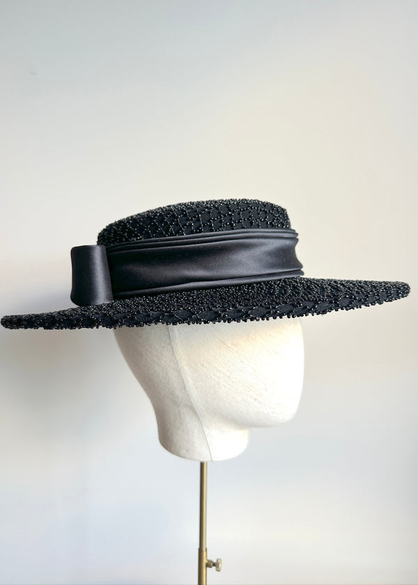 Nete Boater with Beaded Embellishment and Satin Bow in Black