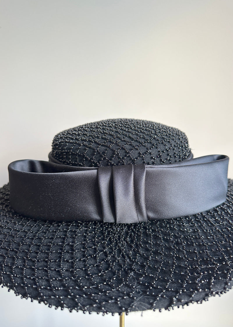 Nete Boater with Beaded Embellishment and Satin Bow in Black