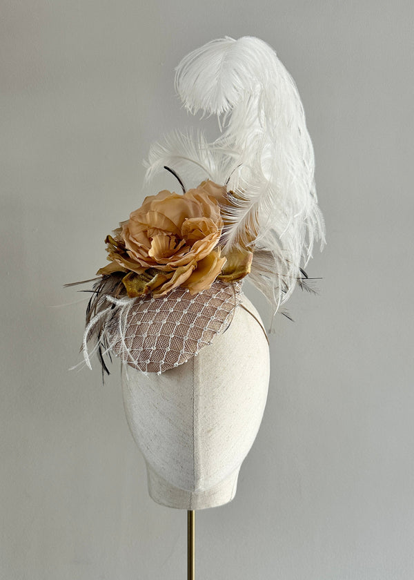 Anjea Hat with Vintage Rose and Feather in Nude