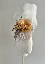 Anjea Hat with Vintage Rose and Feather in Nude
