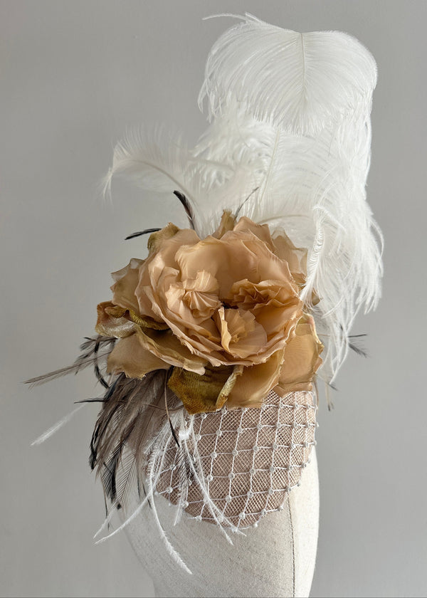 Anjea Hat with Vintage Rose and Feather in Nude