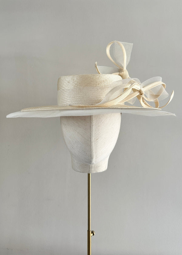 Boater in Vintage Straw with Buntal Bows in Ivory