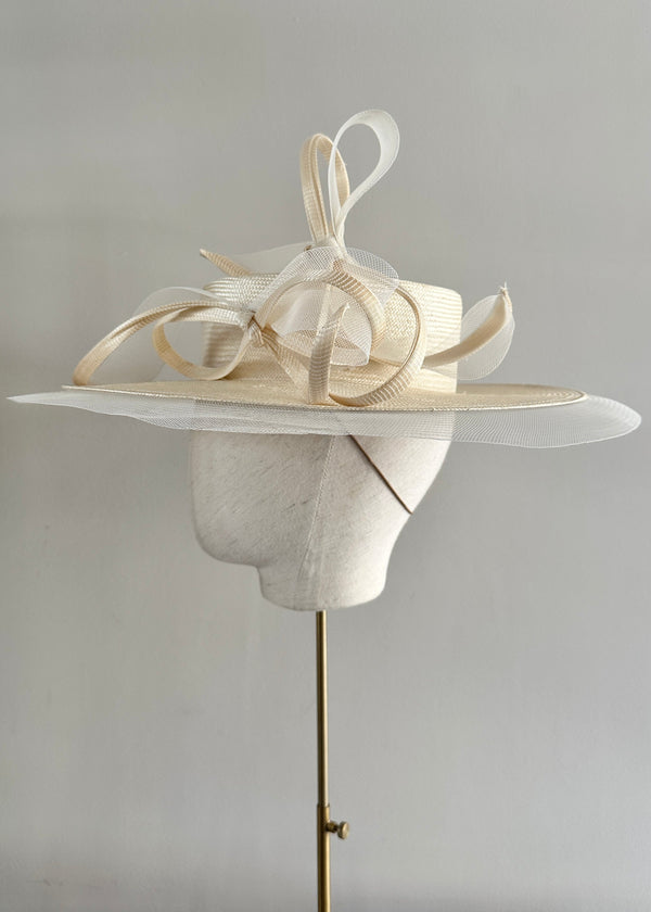 Boater in Vintage Straw with Buntal Bows in Ivory