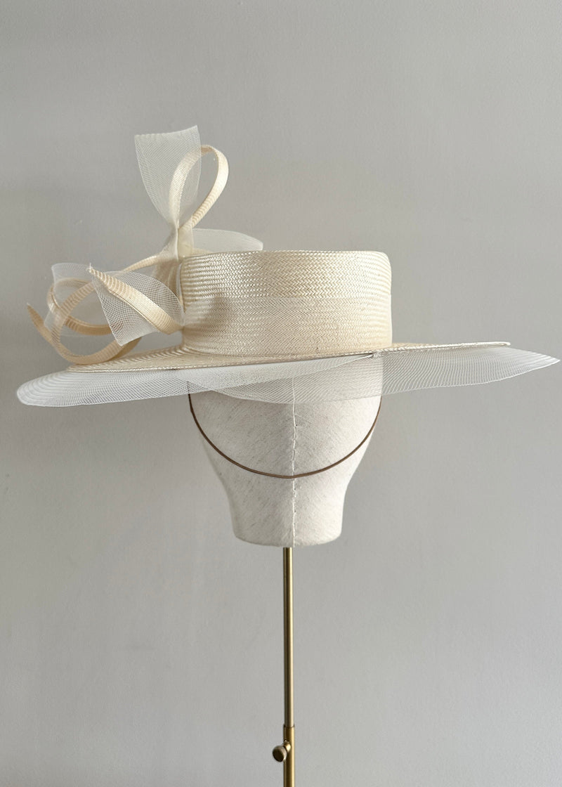 Boater in Vintage Straw with Buntal Bows in Ivory