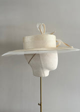 Boater in Vintage Straw with Buntal Bows in Ivory