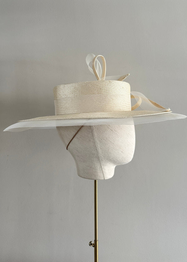 Boater in Vintage Straw with Buntal Bows in Ivory