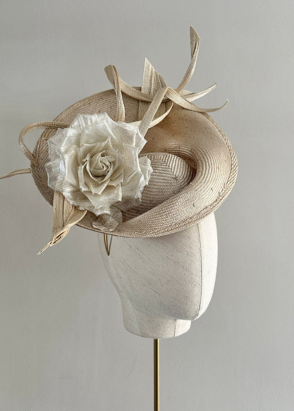 Rebecca in Straw with Silk Abaca Rose in Gold
