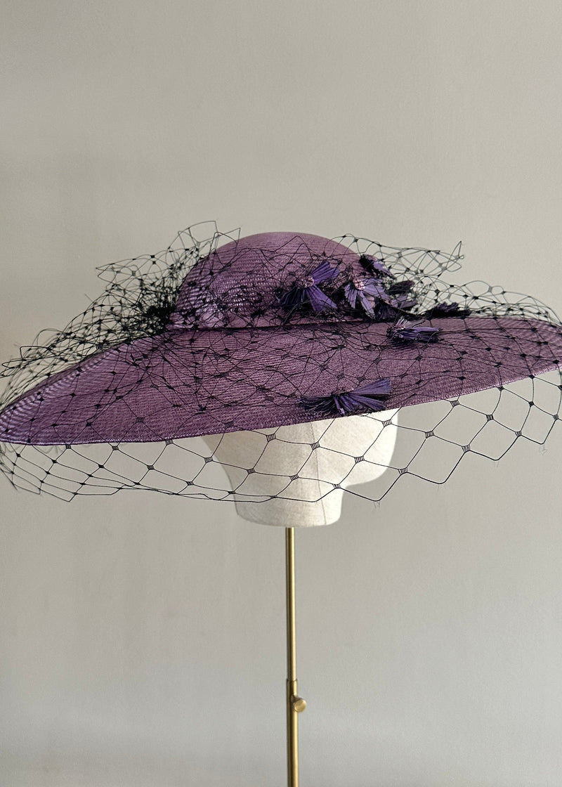Downturned Brim Hat in Straw with Veiling and Vintage Flowers in Purple