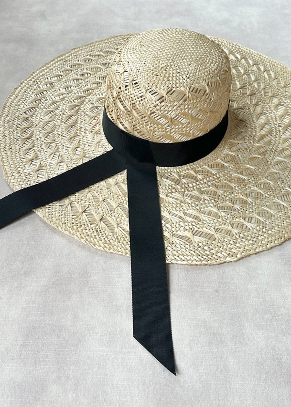 Sun Hat in Straw with Black Ribbon