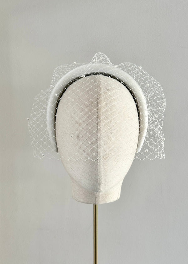Bridal Cora Satin Headband with Veil and Pearls in Ivory