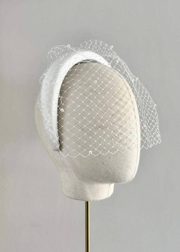 Bridal Cora Satin Headband with Veil and Pearls in Ivory
