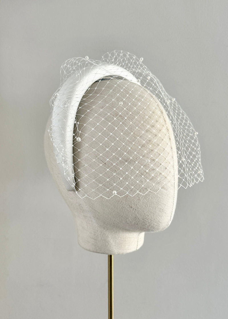 Bridal Cora Satin Headband with Veil and Pearls in Ivory