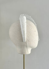 Bridal Cora Satin Headband with Veil and Pearls in Ivory