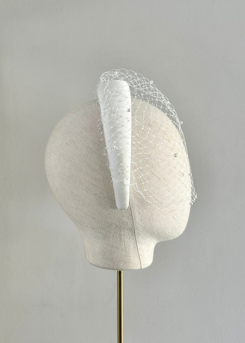 Bridal Cora Satin Headband with Veil and Pearls in Ivory