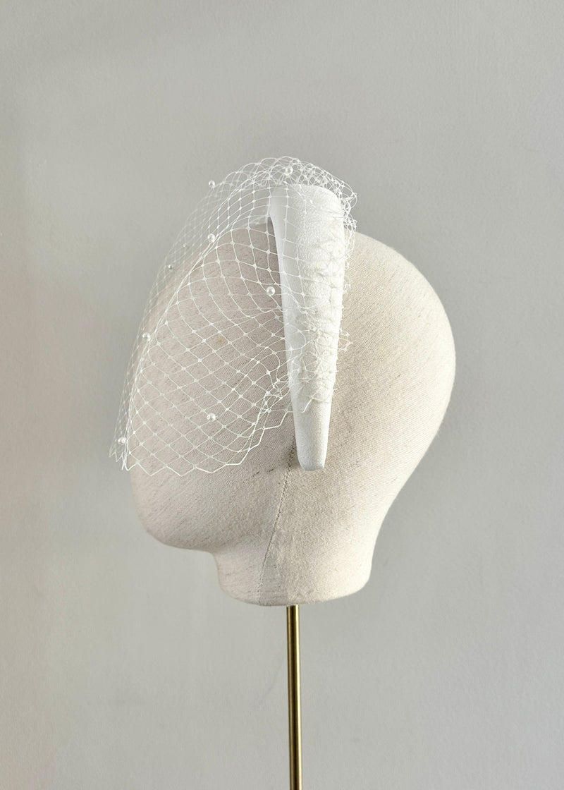 Bridal Cora Satin Headband with Veil and Pearls in Ivory