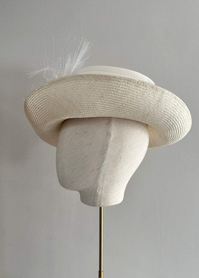 Mini Oval Brimmed Hat with Rose in Ivory