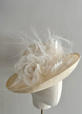 Mini Oval Brimmed Hat with Rose in Ivory