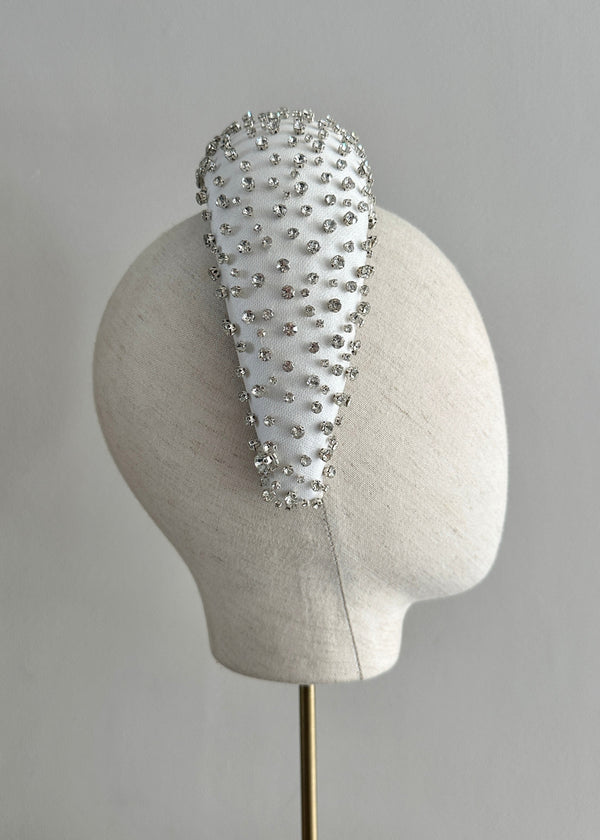 Oversized Headband in Satin with Crystals in White