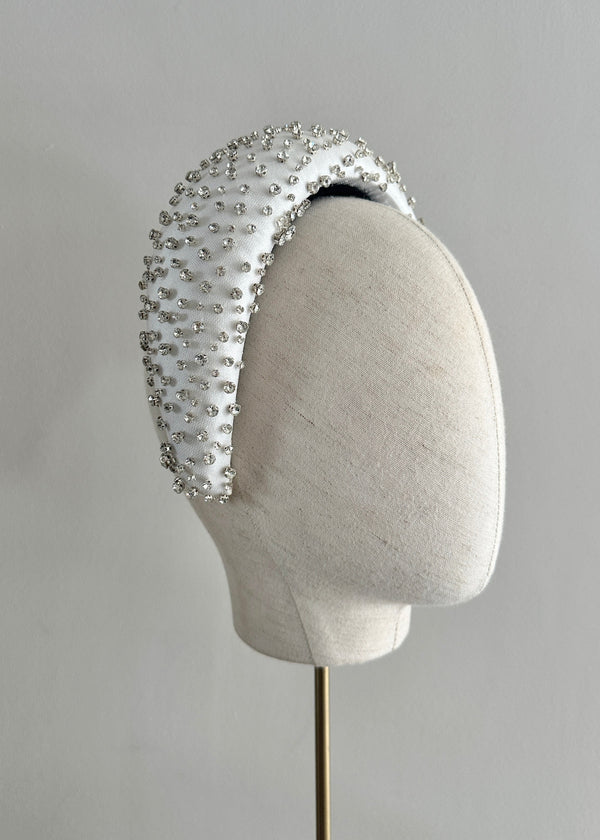 Oversized Headband in Satin with Crystals in White